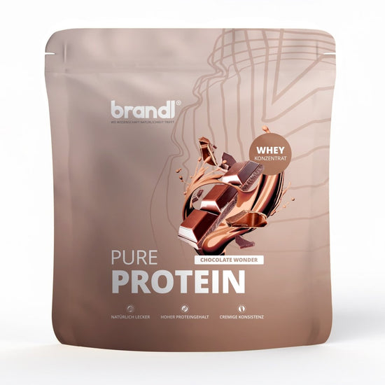 Brandl pure protein 2.0 whey concentrate in matter brauner tasche mit schokoladen imagery