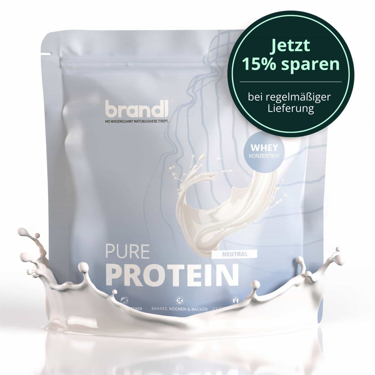 Ein schlanker silberner beutel pure protein 2.0 whey von brandl mit minimalistischem design in weiß und hellblau