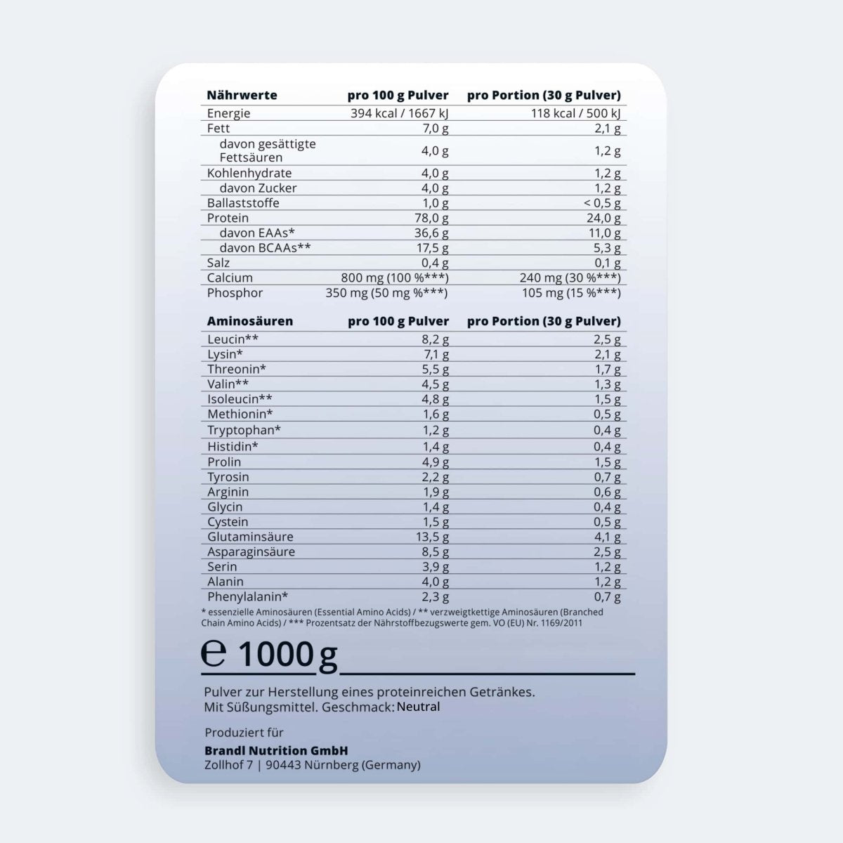 Ein hellblaues rechteckiges etikett für brandl nutrition gmbh proteinpulver pure protein 2.0 whey 1000g