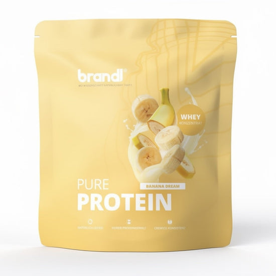 Gelber pouch von brandl pure protein 2.0 whey in bananendream geschmack für proteinergänzung