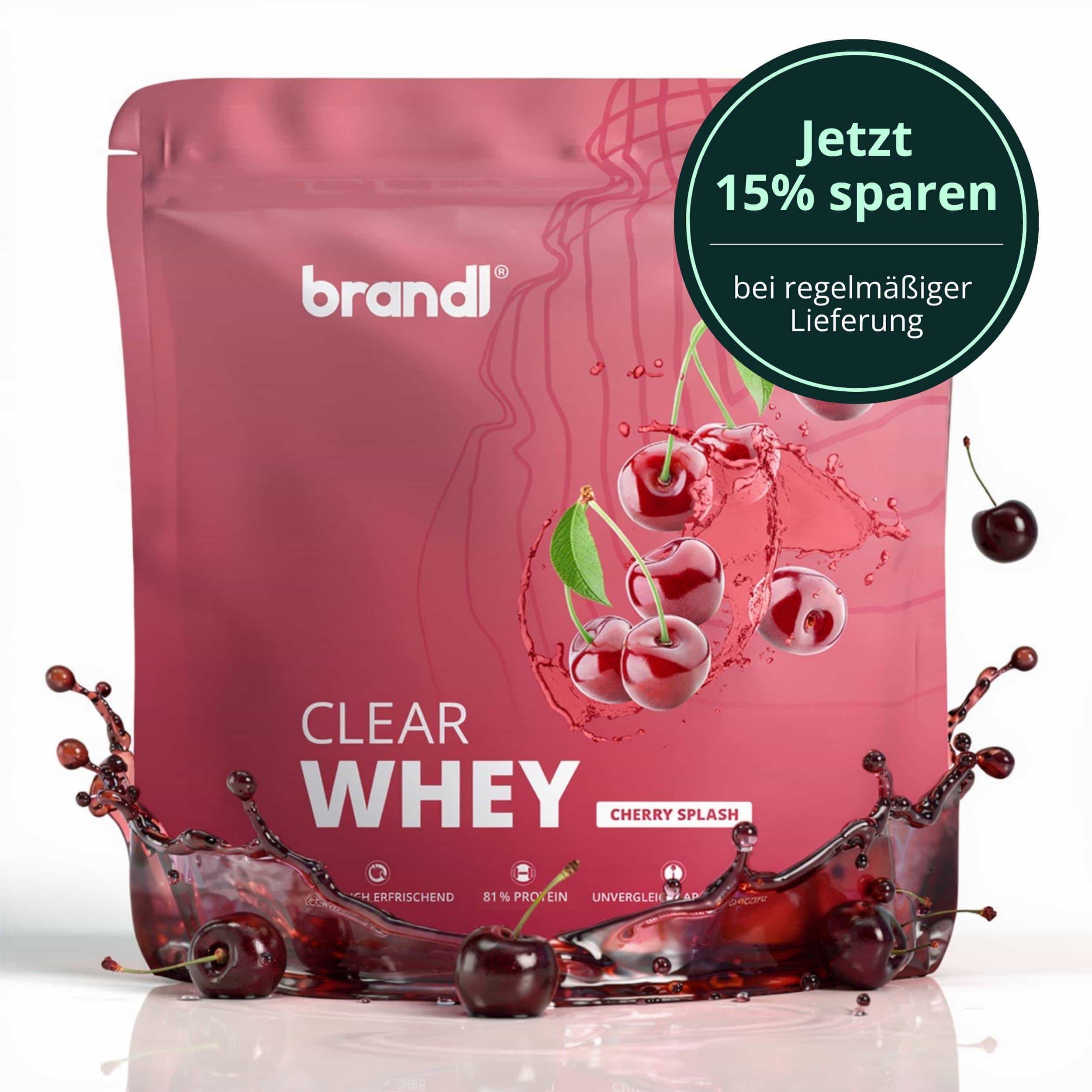 Brandl clear whey kirsch splash proteinpulver in glänzender rosa pouch mit lebendiger kirschabbildung