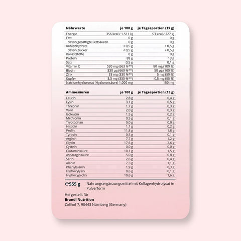 Weißer rechteckiger nährwertetikett auf der rückseite von kollagen beauty plus kollagen hydrolysat pulver