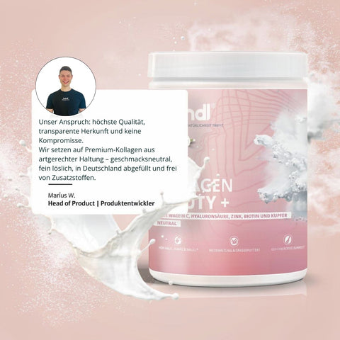 Rosa und weißer kollagenpulverbehälter mit modernem design und markenname ndl für kollagen beauty plus