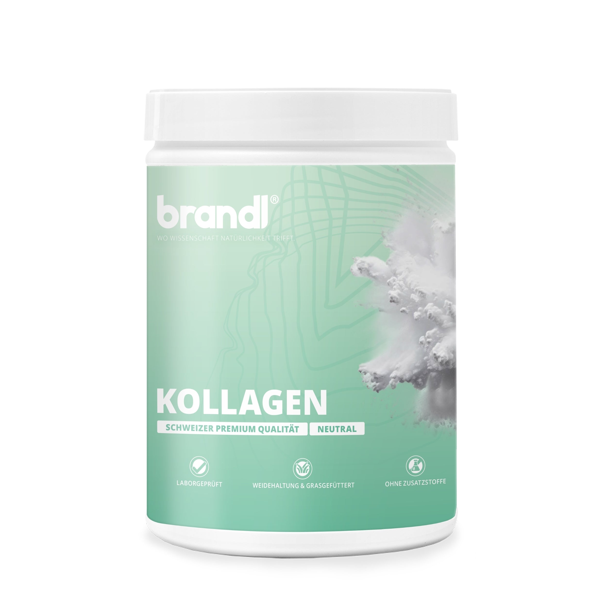 Brandl kollagen pulver in einer weißen zylindrischen dose mit mintgrünem etikett und swiss premium quality branding