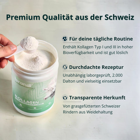 Weißes kollagen pulver in grünem behälter mit brandi markenname auf der verpackung angebotsprodukt