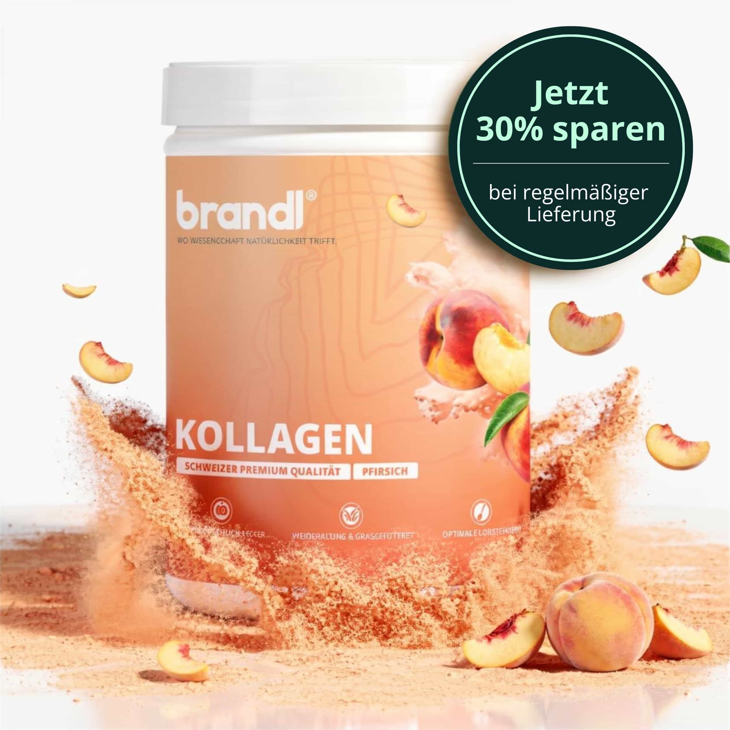 Brandl kollagen pulver in weißem behälter mit orangem etikett und pfirsichgeschmack kollagenpulver