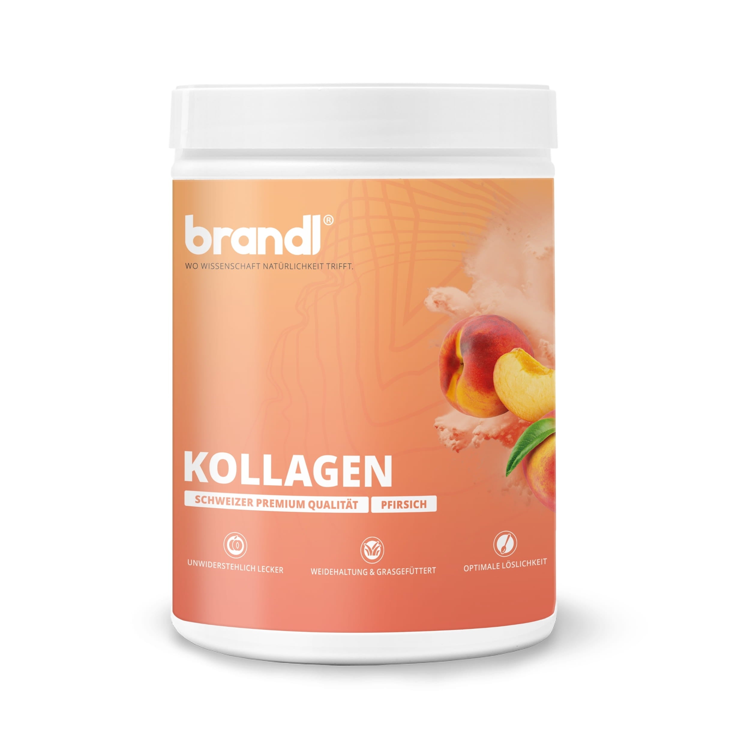 Brandi peach kollagen pulver in weißem zylinder mit orangefarbenem etikett und pfirsichbildern im angebot
