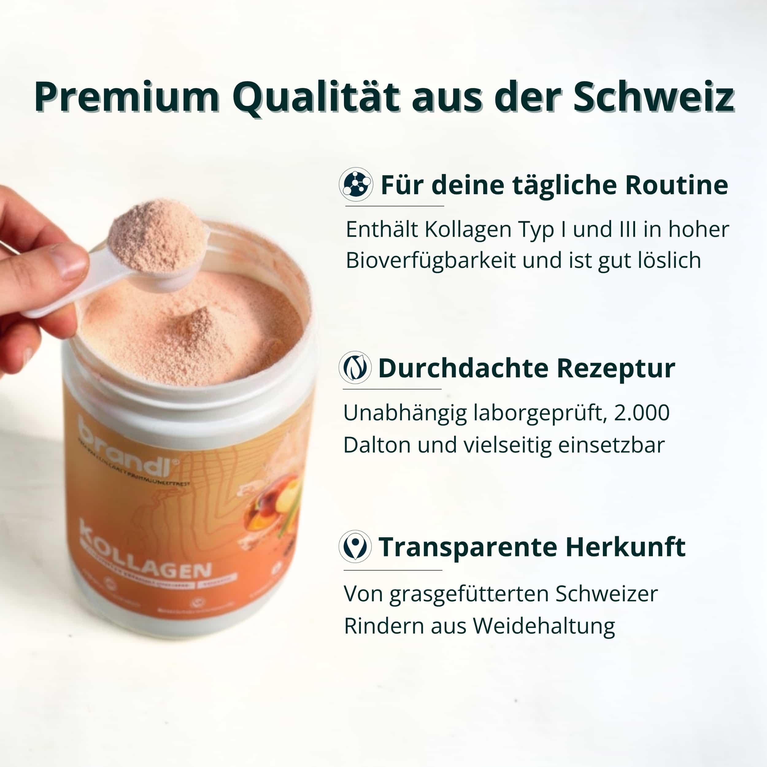 Brandi kollagenpulver im weiß-orange behälter mit einem löffel voll hellrosa-braunem pulver aus kollagen typ i ii und iii bundle