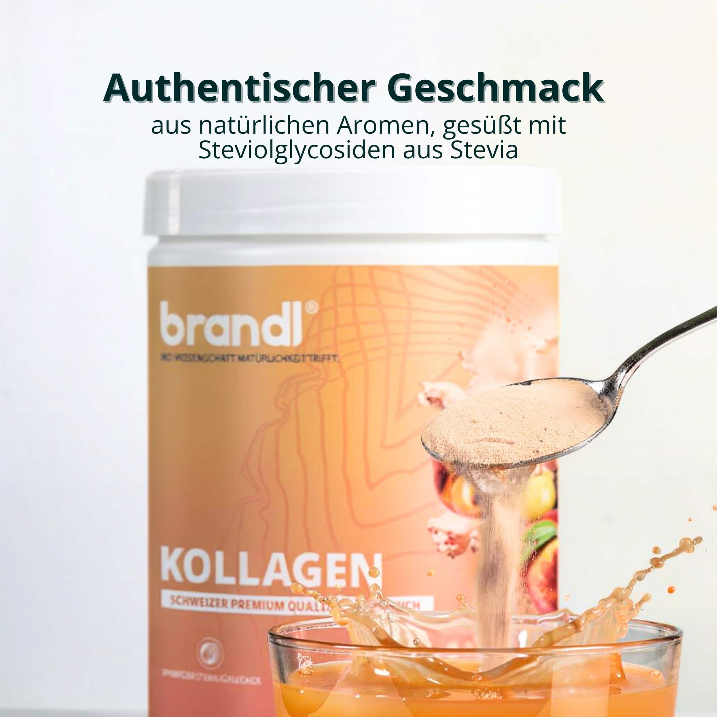 Weißer zylinderförmiger behälter mit brandl kollagen pulver und orangefarbenem etikett mit löffel und puder neben glas