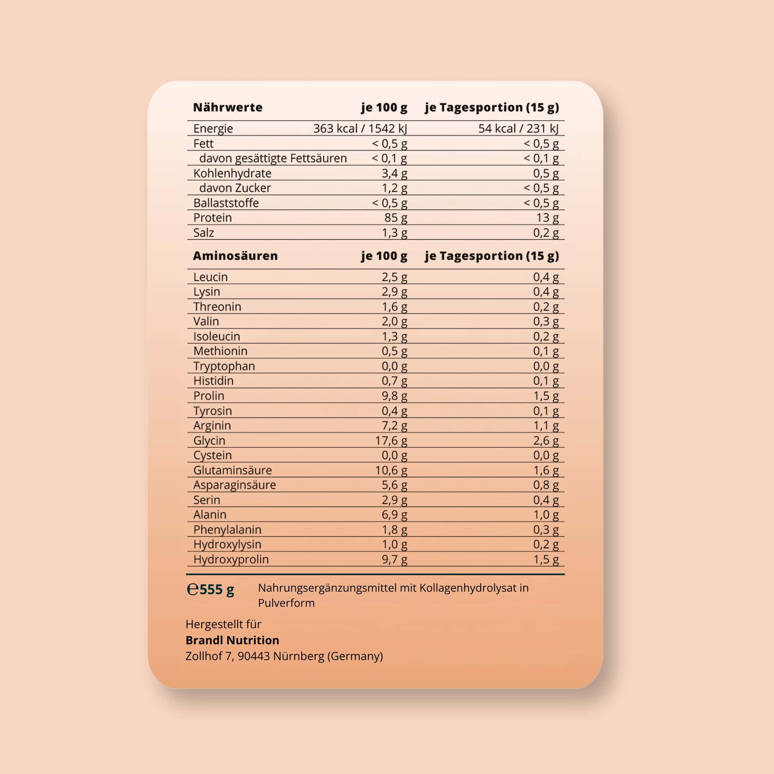 Weißer rechteckiger nutrition label auf der rückseite von kollagen pulver verpackung aus papier