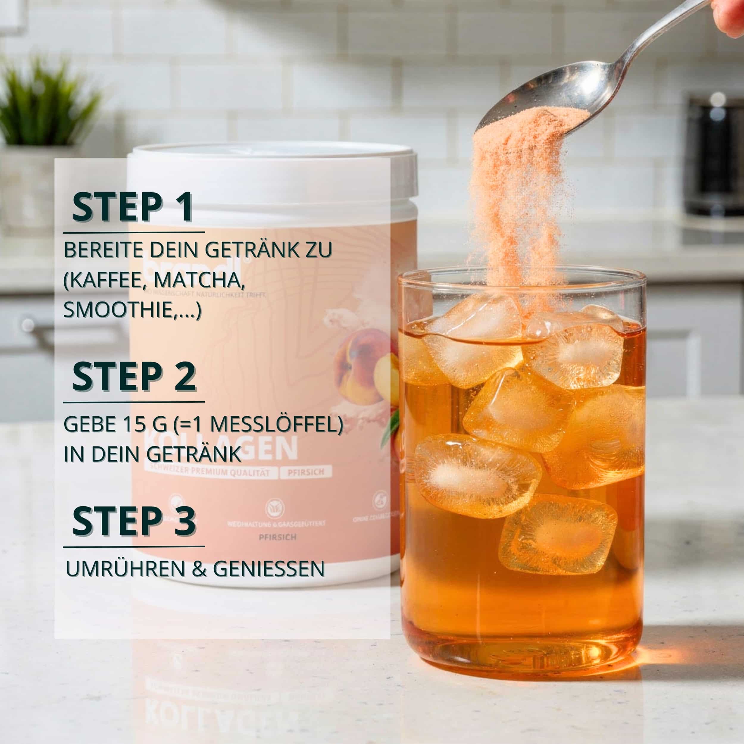 Ein pinker zylindrischer behälter mit kollagen pulver und fruchtmotiven auf dem etikett