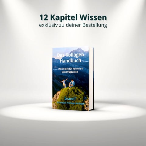Das kollagen handbuch mit farbigem cover und bergmotiv von brand swiss premium collagen kollagen pulver
