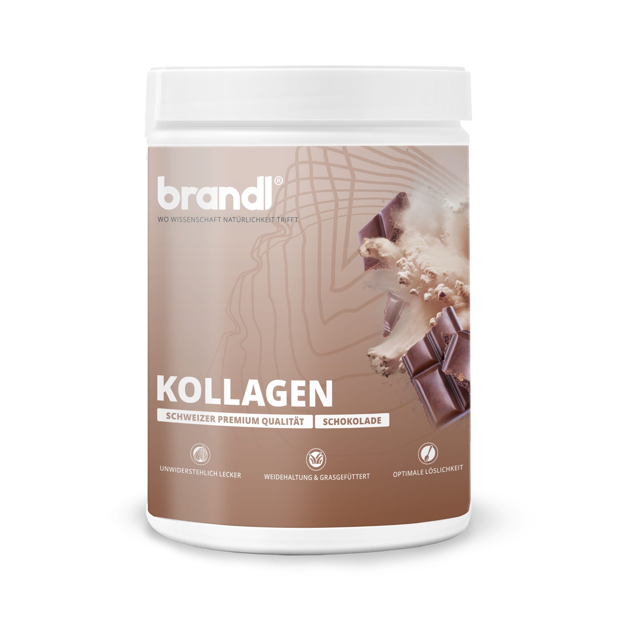 Brandl kollagen pulver in weißem behälter mit braunem label und schokoladenmotiv schweizer premium qualität schokolade