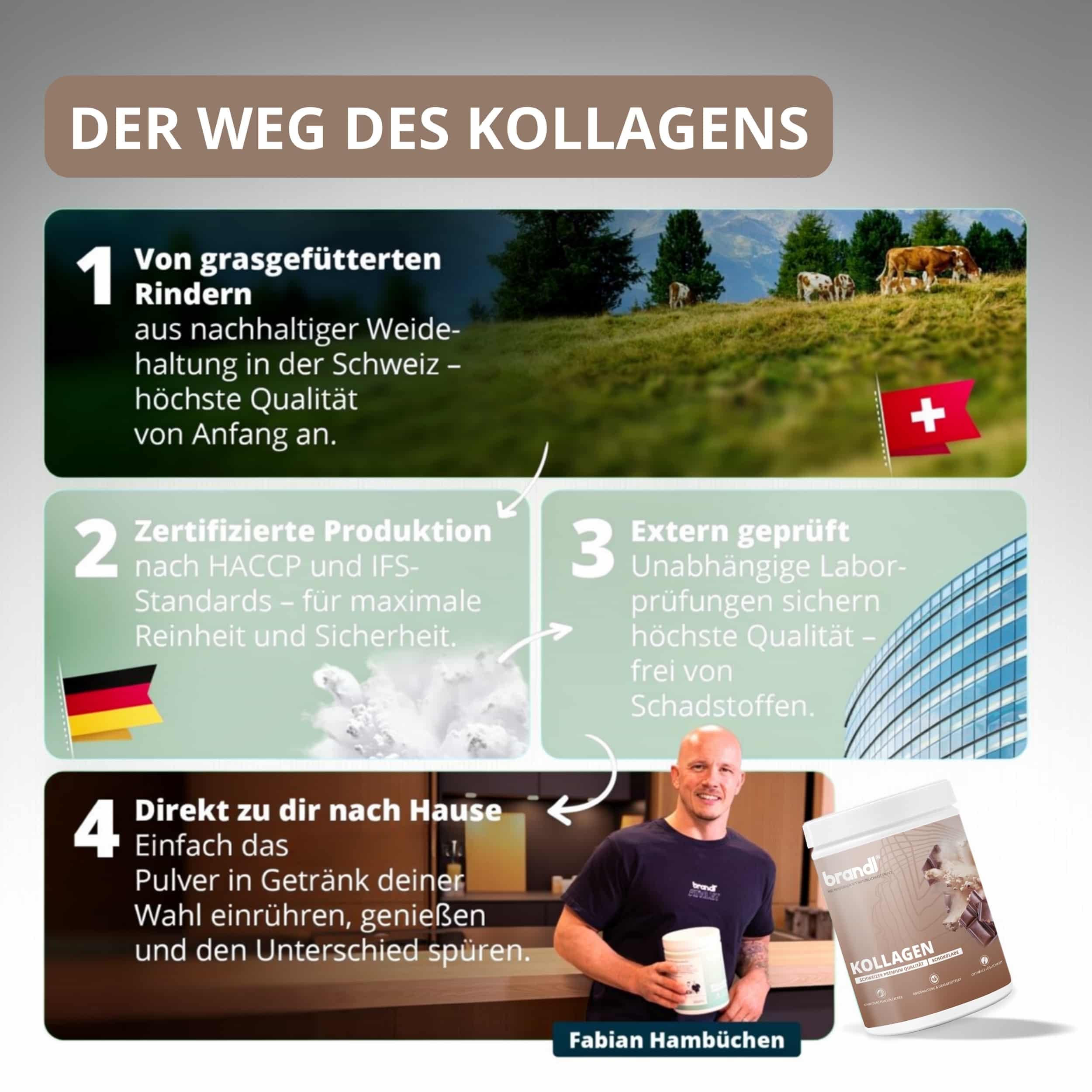 Braun-weißer zylinderförmiger behälter mit brandl kollagen pulver und weidenkuhbild auf dem etikett