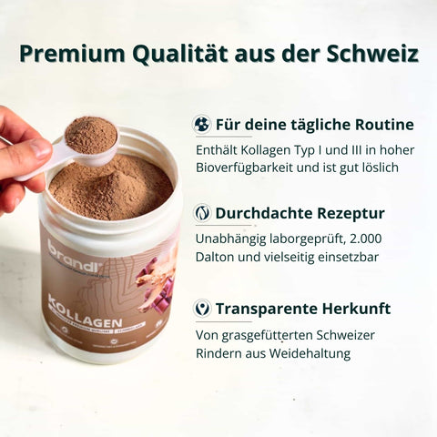Ein weißer behälter mit braunem kollagenpulver von brandl im kollagen typ i ii und iii bundle