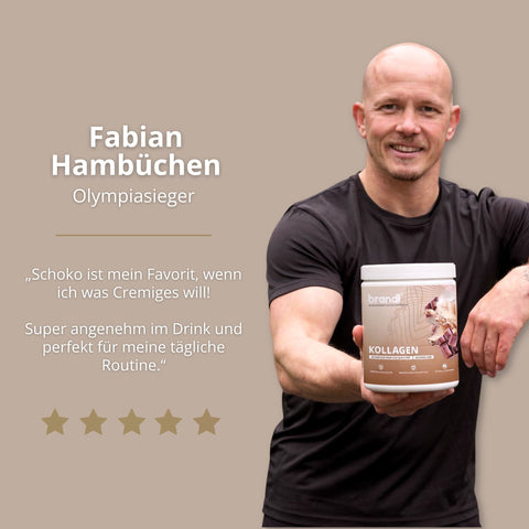 Ein weiß-brauner zylinderförmiger behälter mit brandi kollagen pulver mit schokoladenabbildung auf dem etikett