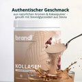Brandl swiss premium kollagen pulver in beigefarbenem behälter mit weißem deckel wird in ein glas gegossen