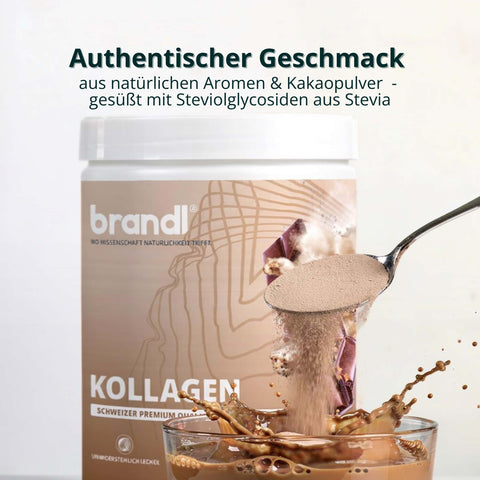 Brandl swiss premium kollagen pulver in beigefarbenem behälter mit weißem deckel wird in ein glas gegossen