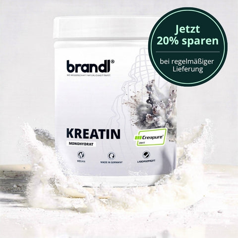 Weißer zylindrischer behälter mit brandi kreatin monohydrat pulver und grafik spritzendes weißes pulver
