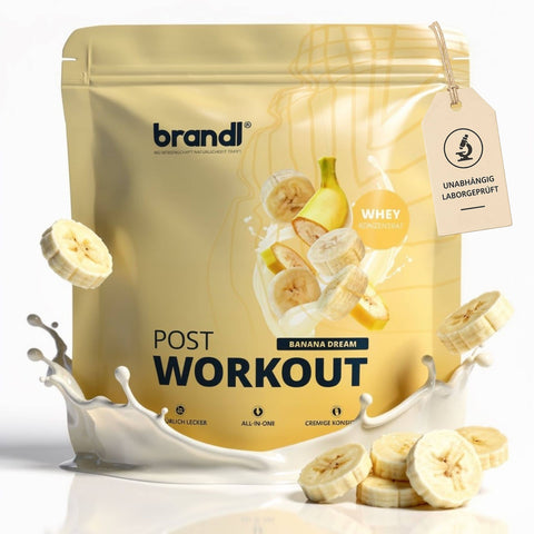 Goldfarbener wiederverschließbarer Beutel Brandl Banana Dream Post-Workout Whey Protein Pulver