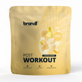 Brandl banana dream post-workout whey 2.0 proteinpulver in goldgelbem wiederverschließbarem beutel mit bananen- und milchmotiven