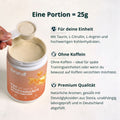 Ein pfirsichfarbener zylindrischer behälter brandi preworkout performance pulver mit weißem deckel und oranger etikette mit zitrusillustrationen