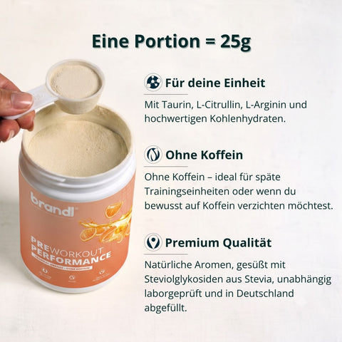 Ein pfirsichfarbener zylindrischer behälter brandi preworkout performance pulver mit weißem deckel und oranger etikette mit zitrusillustrationen