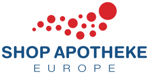 Das Shop Apotheke Europe-Logo zeigt eine stilisiertes Arrangement roter Kreise über dem Markennamen in blauer Schrift.