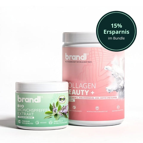 Pink und grüne supplementbehälter mit weißen deckeln und botanischen motiven im beauty & balance bundle