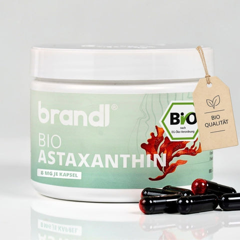 Eine weiße zylinderförmige dose bio astaxanthin mit grünem label von brandl und schwarzen gelatinekapseln davor