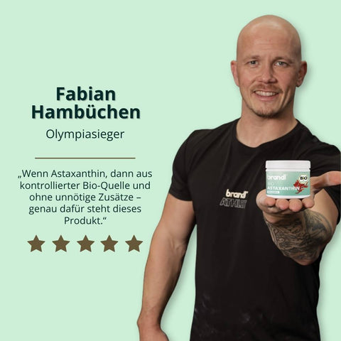 Weißer behälter der bio astaxanthin supplement mit grün-rotem etikett für antioxidative unterstützung