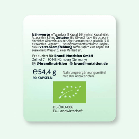 Leichter grün rechteckiger bio astaxanthin etiketts für 90 kapseln von brandl nutrition gmbh mit bio zertifikat und deutscher text