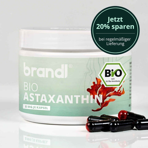 Brandl bio astaxanthin supplement in white jar with green label and red algae illustration containing 8 mg per capsule