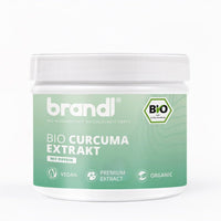 Weißer zylindrischer behälter mit hellgrünem label brandl bio curcuma extrakt vegan organisch