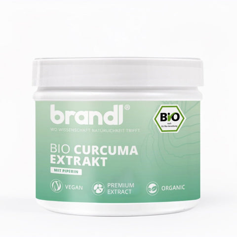 Weißer zylindrischer behälter mit hellgrünem label brandl bio curcuma extrakt vegan organisch