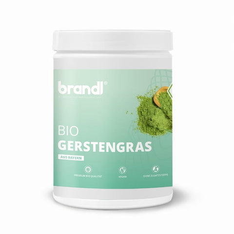 Weißer zylinderförmiger behälter mit grünem label von brandl bio gerstengras pulver mit organischem gerstengraspulver