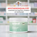 A white cylindrical container of bio hericium kapseln with a green brandl label marked vegan organic and lab tested