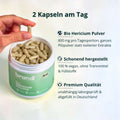 Ein grün etikettierter brandl bio hericium kapseln jar gefüllt mit beigen gelatinekapseln bio hericium kapseln lions mane