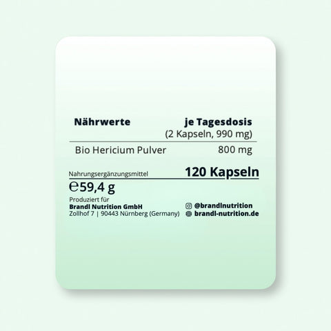 Ein minimalistisches weiß-grünes etikett für 120 kapseln bio hericium pulver von brandl nutrition gmbh bio hericium kapseln lions mane