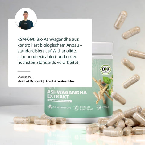 Ein grün etikettierter bio ksm-66 ashwagandha extrakt jar mit weißem deckel und botanischer grafik