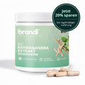 Brandl bio ksm 66 ashwagandha extrakt in weißem glas mit mintgrünem etikett und beige kapseln sichtbar