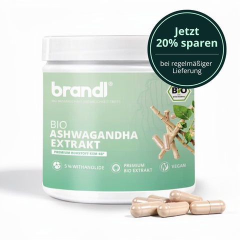 Brandl bio ksm 66 ashwagandha extrakt in weißem glas mit mintgrünem etikett und beige kapseln sichtbar