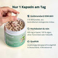 Eine hand hält eine durchscheinend beige kapsel über einem offenen weißen glas brandi bio ashwagandha extrakt mit veganen kapseln