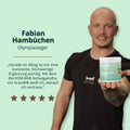 Weißer zylinderförmiger behälter mit türkisfarbenem etikett und grünem botanischem design marke brandi bio ksm-66 ashwagandha extract