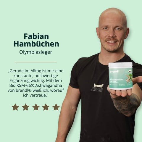 Weißer zylinderförmiger behälter mit türkisfarbenem etikett und grünem botanischem design marke brandi bio ksm-66 ashwagandha extract