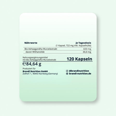 Lightgrünes rechteckiges paket bio ksm 66 ashwagandha ekstrakt kapseln von brand nutrition