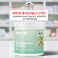 Bio ksm 66® ashwagandha extrakt in weißem zylinderbehälter mit hellgrünem etikett und botanischen elementen