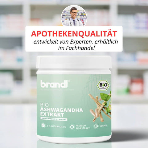 Bio ksm 66® ashwagandha extrakt in weißem zylinderbehälter mit hellgrünem etikett und botanischen elementen
