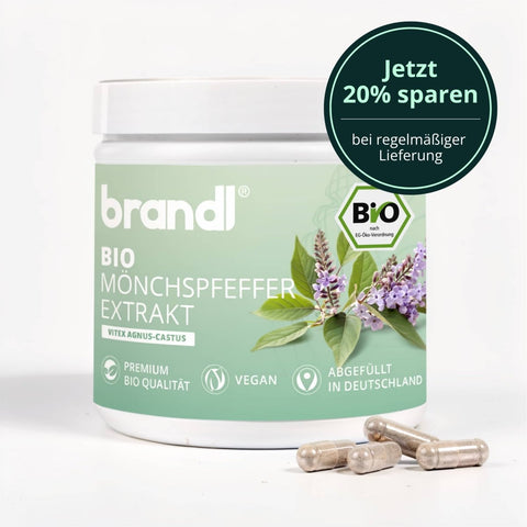 Brandl bio mönchspfeffer extrakt in weißem glas mit grünem etikett und bild von lila blumen und blättern