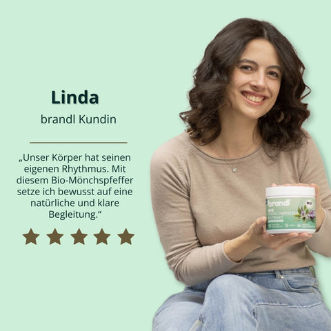 Brandl kundin bio Mönchspfeffer extrakt in weiß-grünem zylinder mit botanischen illustrationen für organische schlafhilfe